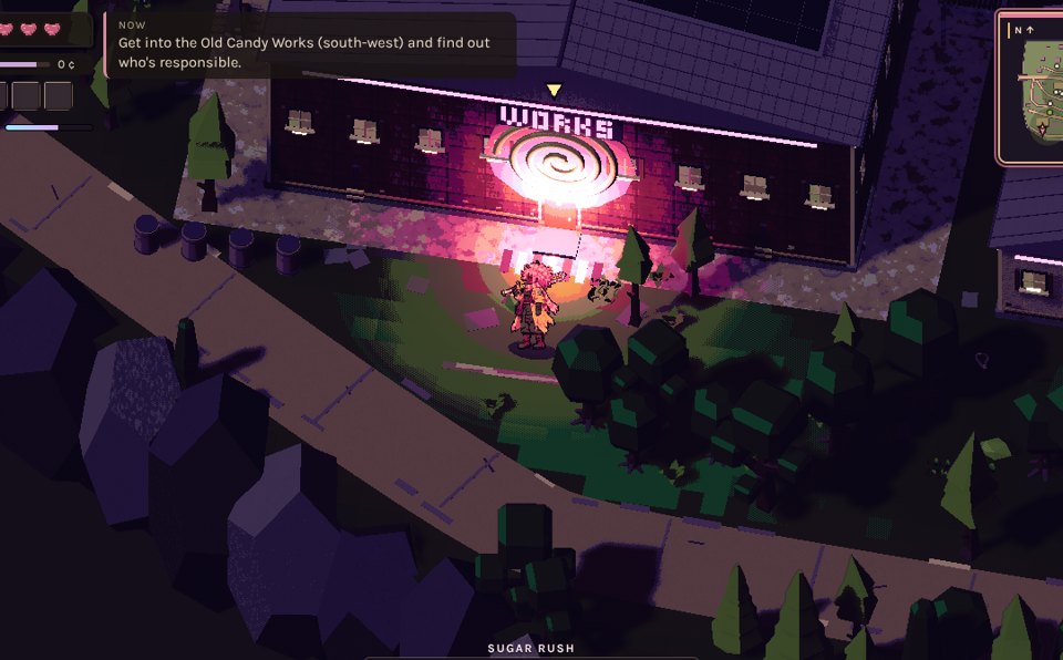 Candied gameplay: Cara stands under the glowing neon sign of the Old Candy Works at dusk, with her hearts, current quest and minimap on screen