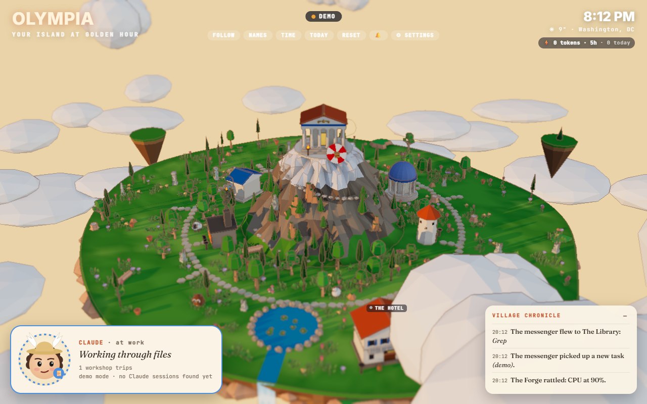 Olympia: a low-poly 3D island with buildings, paths and a status card for a Claude session at work