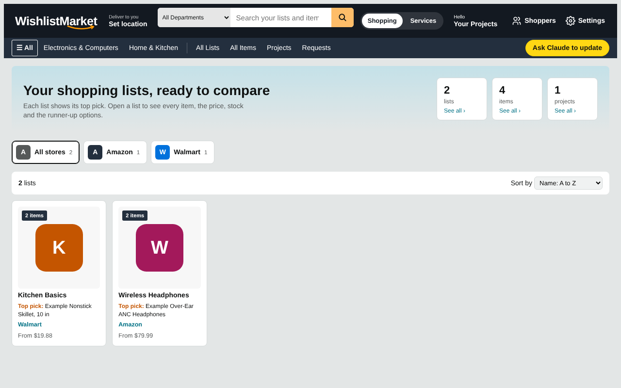 WishlistMarket: a store-style page of shopping lists, each showing its top pick and price