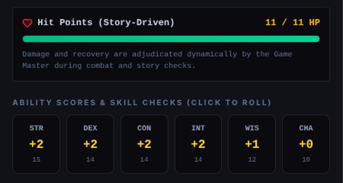 Hit points bar and six ability scores, each one a button that rolls a check
