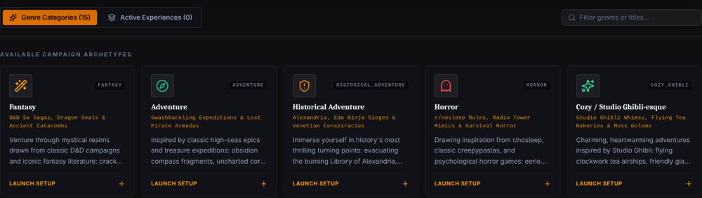 Campaign picker with tabs for genre categories and your active experiences