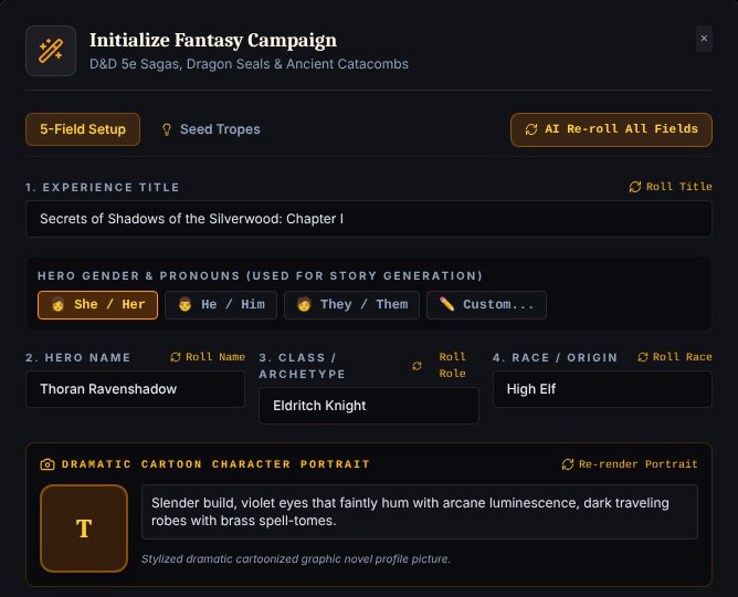 Campaign setup: title, pronouns, hero name, class, race and portrait, each with a Roll button